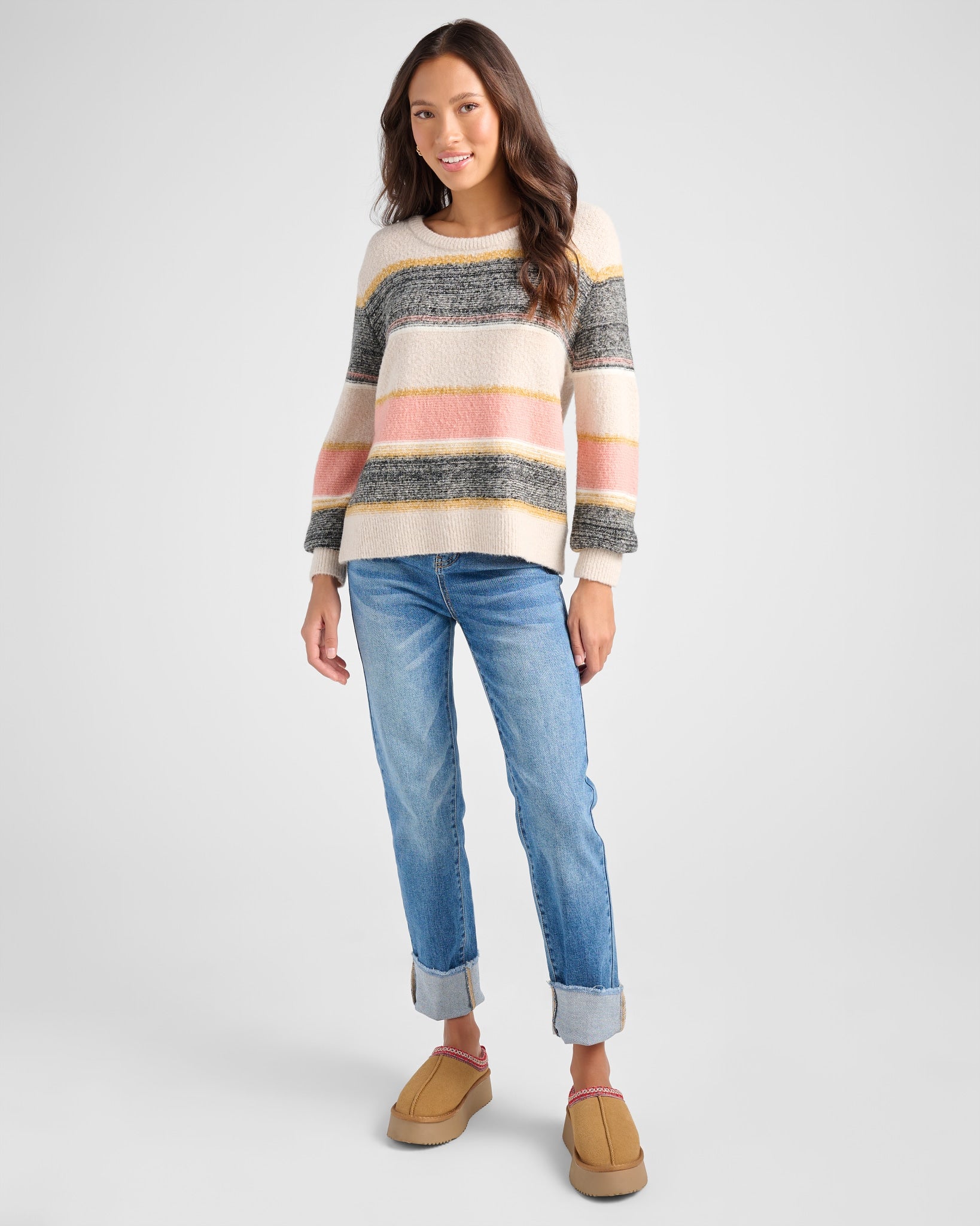 Oatmeal/Black/Blush $|& Skies Are Blue Marled Colorblock Sweater - SOF Full Front