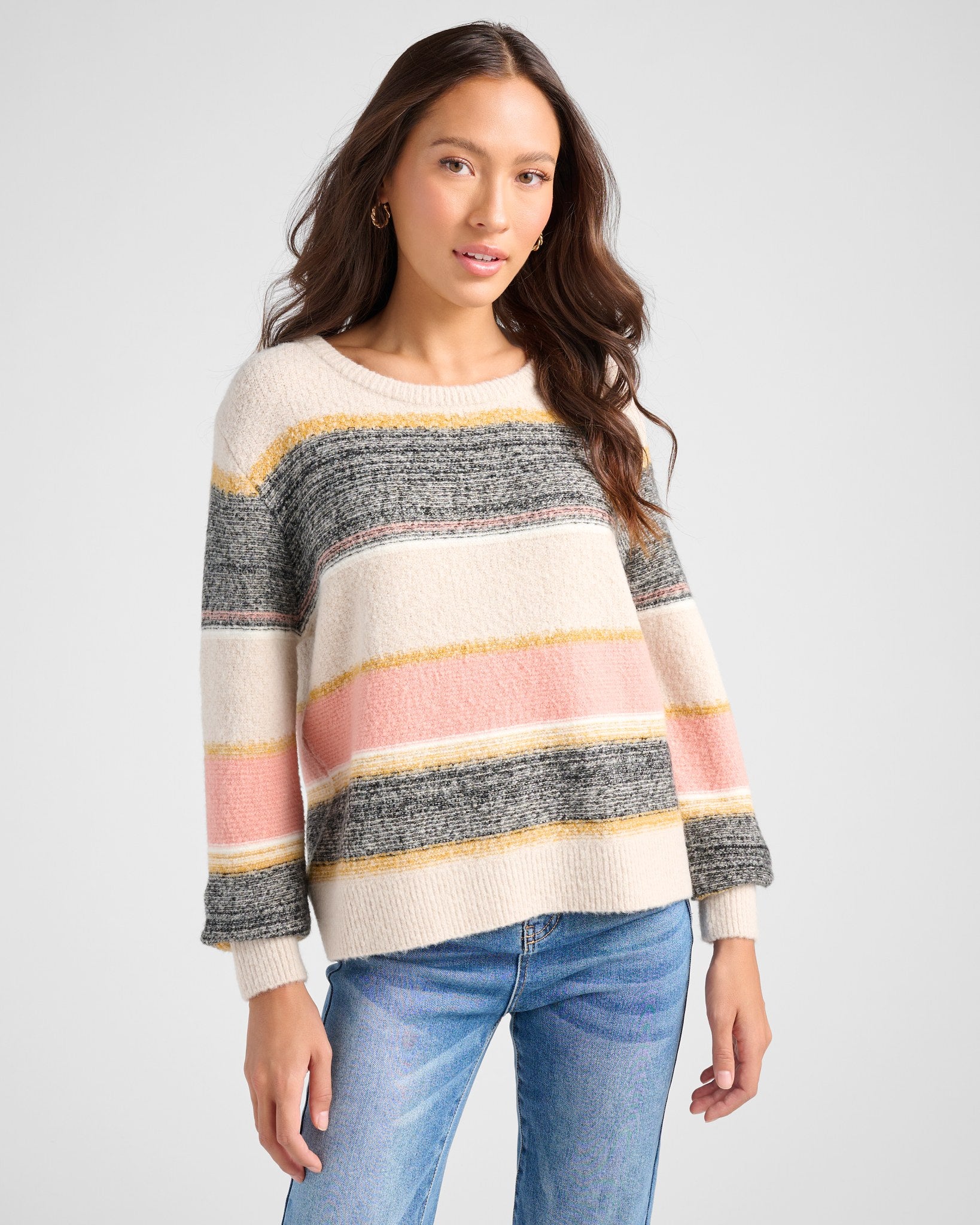 Oatmeal/Black/Blush $|& Skies Are Blue Marled Colorblock Sweater - SOF Front