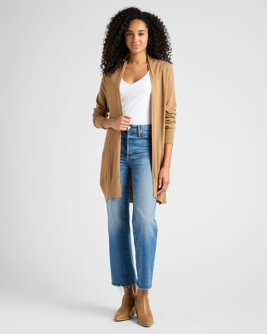 Heather Latte $|& Dreamers Open Long Line Cardigan withPockets - SOF Full Front