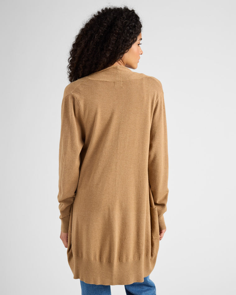 Heather Latte $|& Dreamers Open Long Line Cardigan withPockets - SOF Back