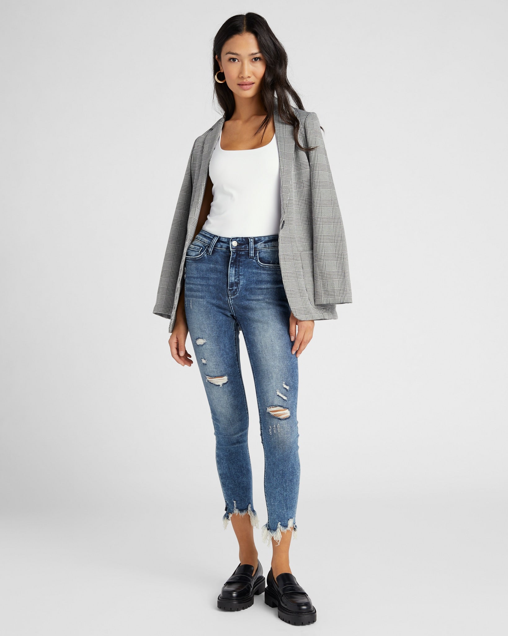 Medium Blue $|& Flying Monkey Jeans High Rise Frayed Hem Skinny Jeans - SOF Full Front