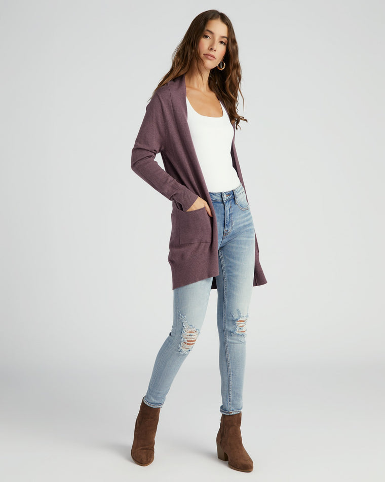 Heather Acai $|& Dreamers Open Long Line Cardigan withPockets - SOF Full Front
