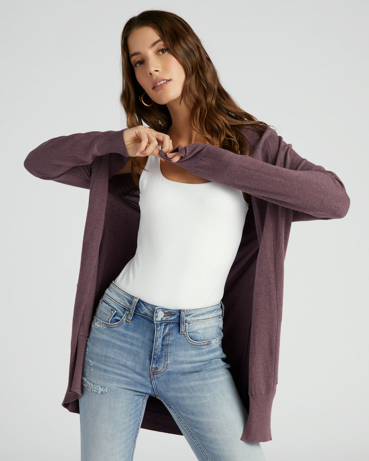 Heather Acai $|& Dreamers Open Long Line Cardigan withPockets - SOF Front