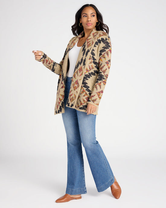 Oatmeal $|& Woven Heart Shawl Collar Aztec Print Cardigan - SOF Full Front