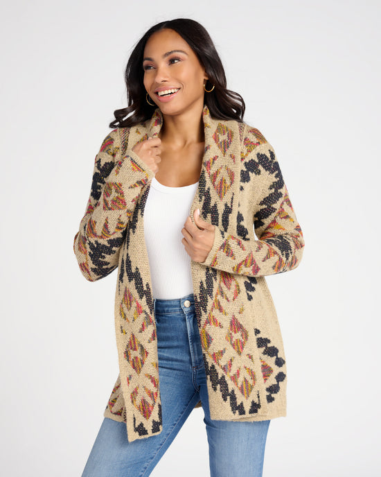 Oatmeal $|& Woven Heart Shawl Collar Aztec Print Cardigan - SOF Front