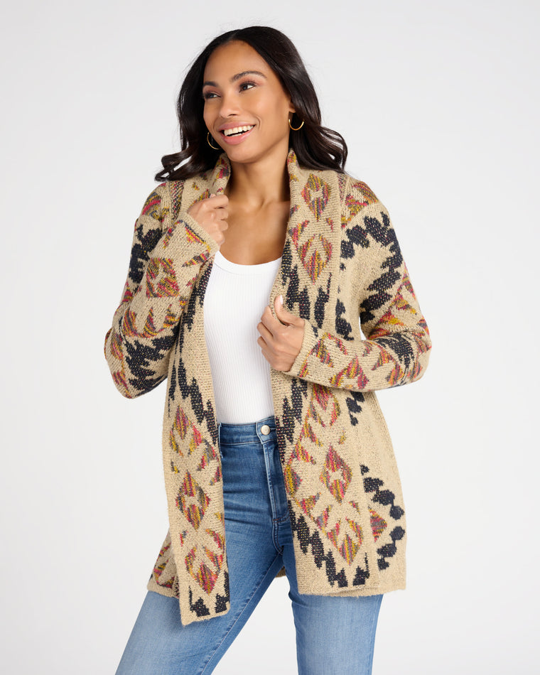 Oatmeal $|& Woven Heart Shawl Collar Aztec Print Cardigan - SOF Front