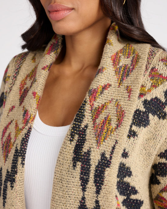 Oatmeal $|& Woven Heart Shawl Collar Aztec Print Cardigan - SOF Detail
