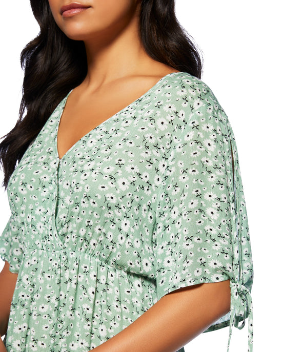 Green $|& ePretty Floral Print Open Sleeve Dress - SOF Detail