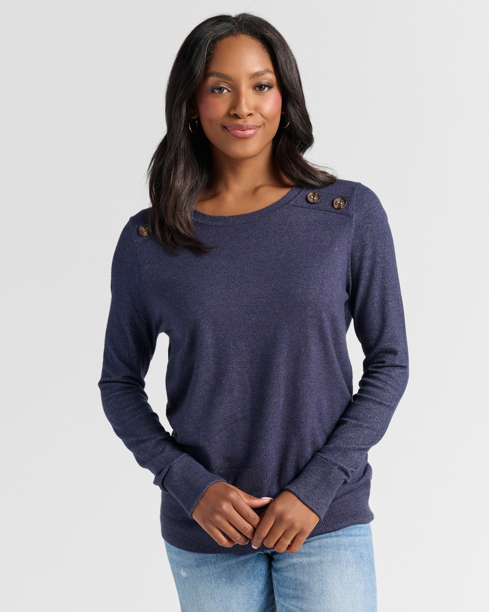 Indigo $|& Staccato Shoulder Button Detail Sweater - SOF Front