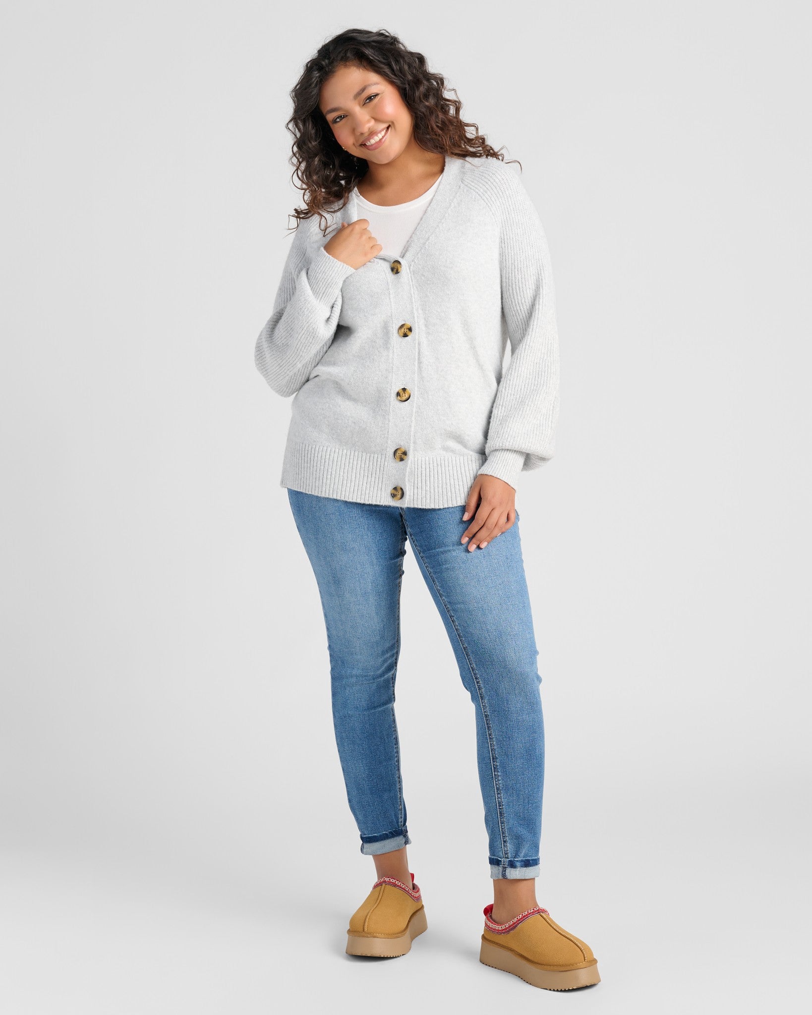 Blouson Slv V-Neck Cardigan L. Heather Grey $|& 525 Adyson Parker Blouson Sleeve V-Neck Cardigan - SOF Full Front