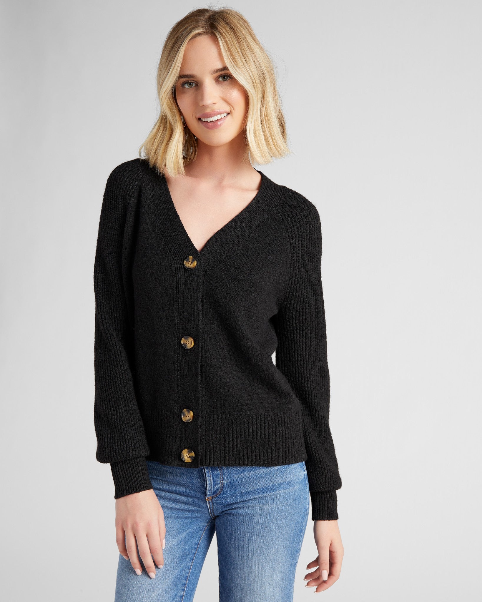 Black $|& 525 Adyson Parker Blouson Sleeve V-Neck Cardigan - SOF Front