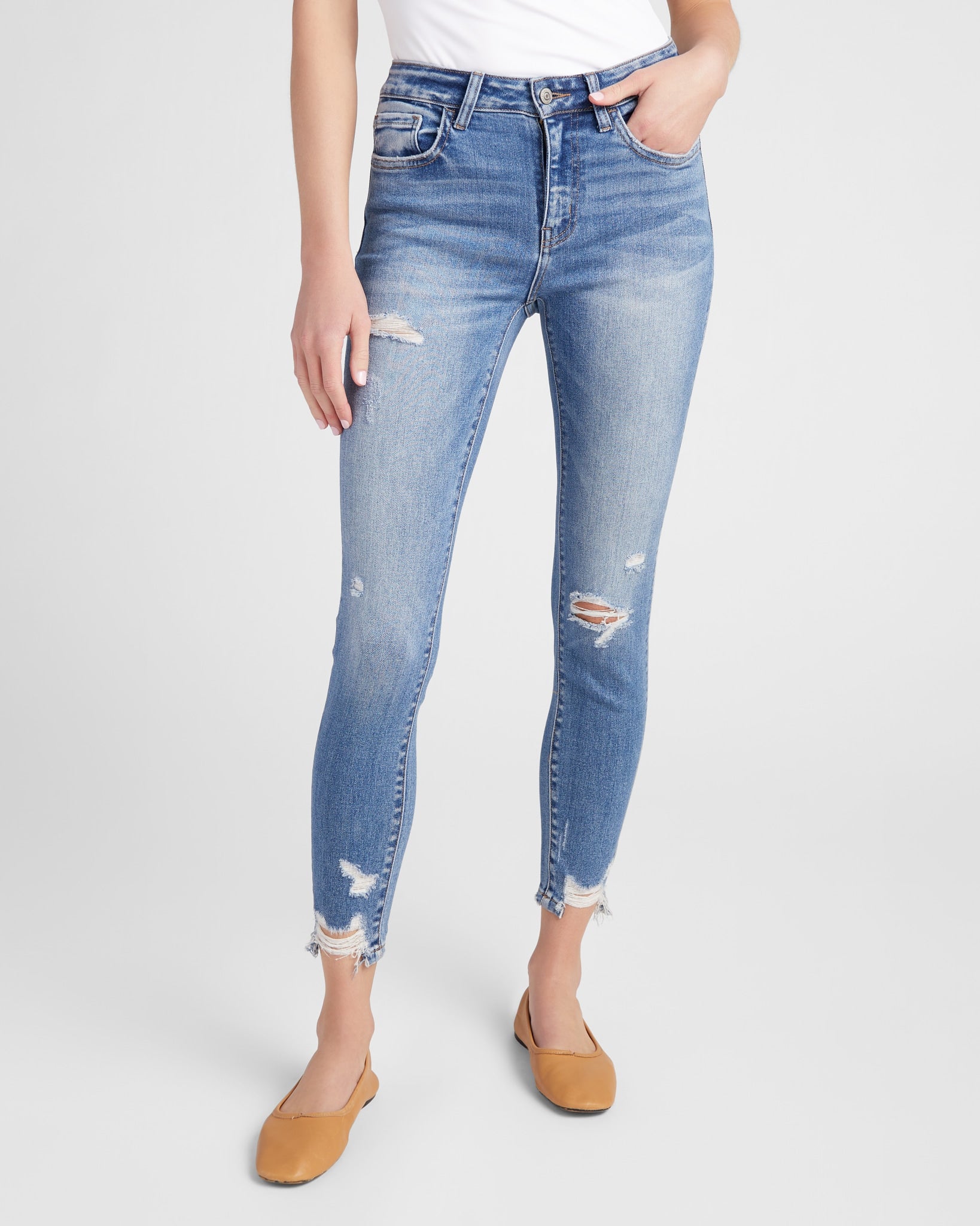 Medium Light Wash $|& Flying Monkey Jeans Mid Rise Distressed Ankle Skinny Jeans - SOF Front