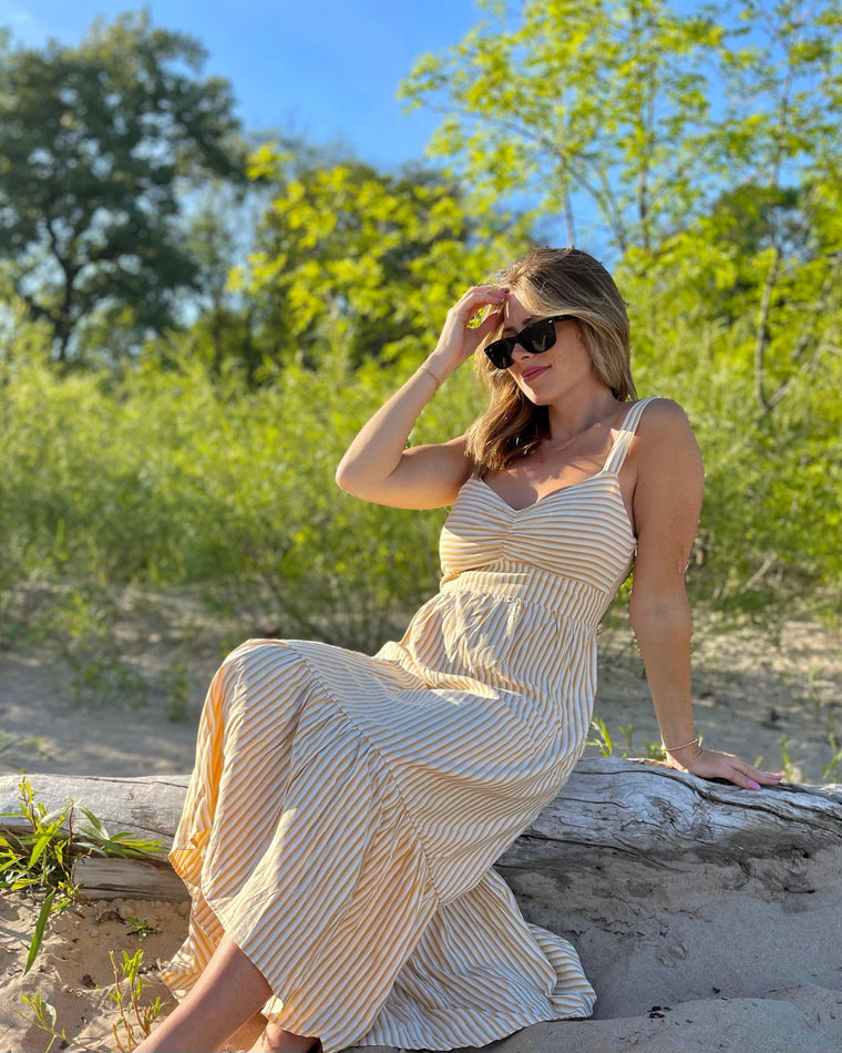 Yellow/White $|& Skies Are Blue Striped Sweetheart Maxi Dress - SOF Full Front