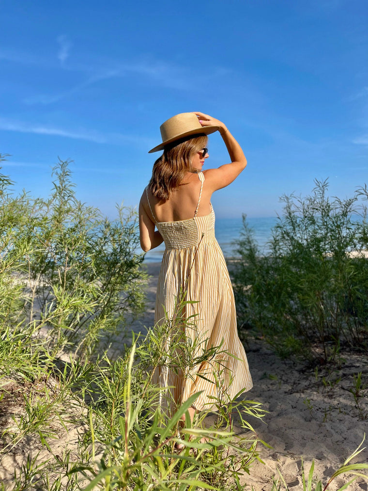 Yellow/White $|& Skies Are Blue Striped Sweetheart Maxi Dress - SOF Full Front