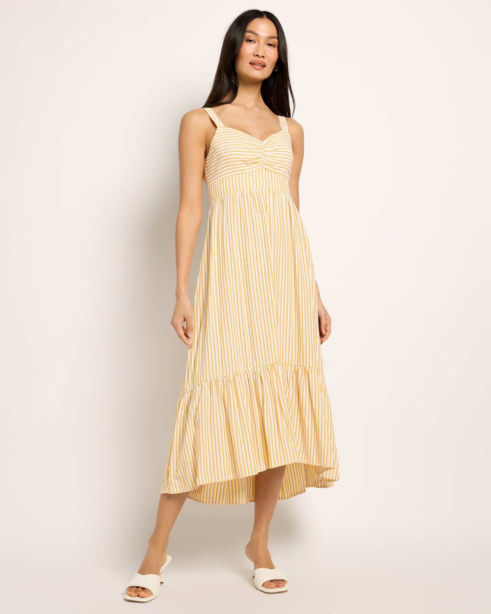 Yellow/White $|& Skies Are Blue Striped Sweetheart Maxi Dress - SOF Front