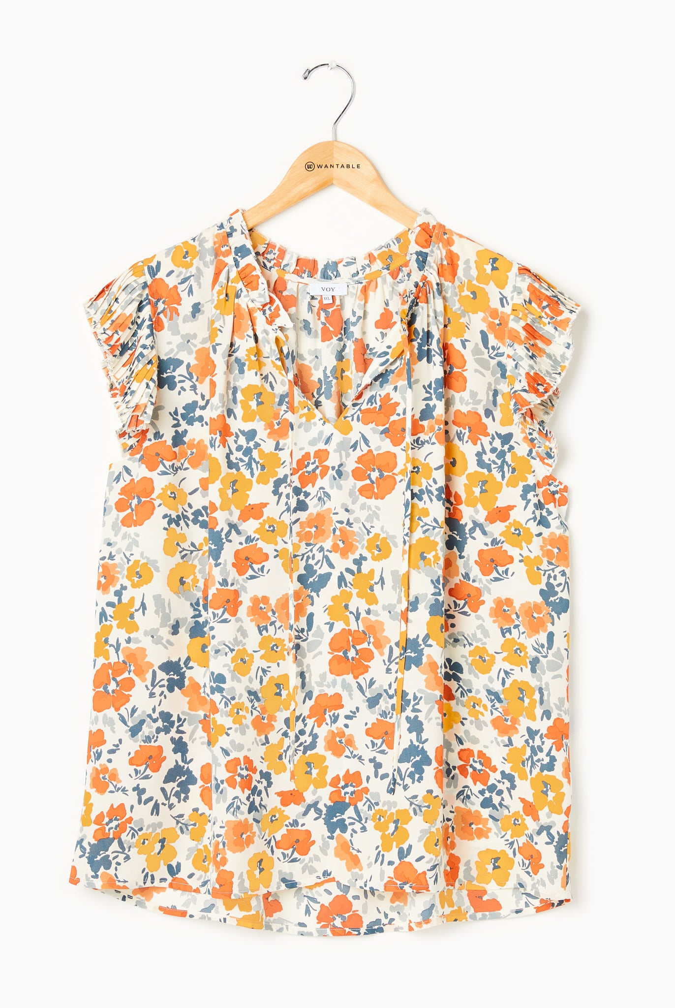 Pleated Slv w/Tie Floral Top Mustard $|& VOY Los Angeles Floral Pleated Sleeve Top with Tie - Hanger Detail