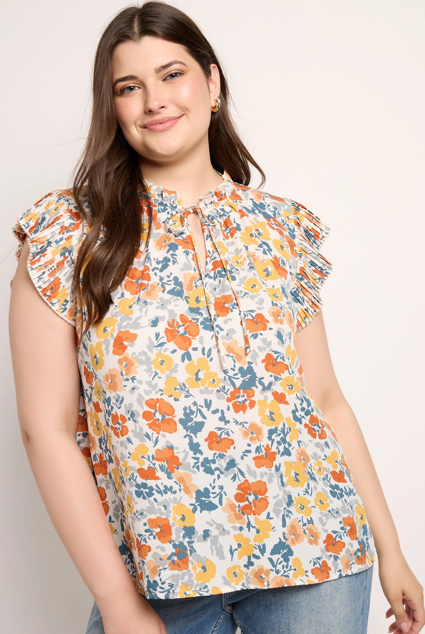 Pleated Slv w/Tie Floral Top Mustard $|& VOY Los Angeles Floral Pleated Sleeve Top with Tie - SOF Front