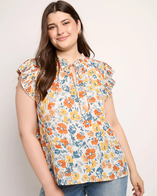 Pleated Slv w/Tie Floral Top Mustard $|& VOY Los Angeles Floral Pleated Sleeve Top with Tie - SOF Front