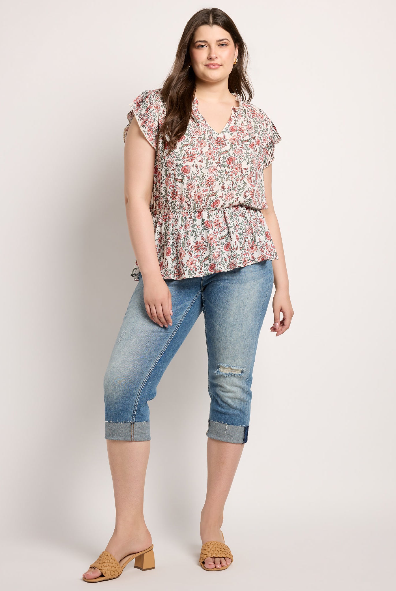 Red-Ivory $|& VOY Los Angeles Floral Pleated Sleeve Elastic Waist Top - UGC On Fig