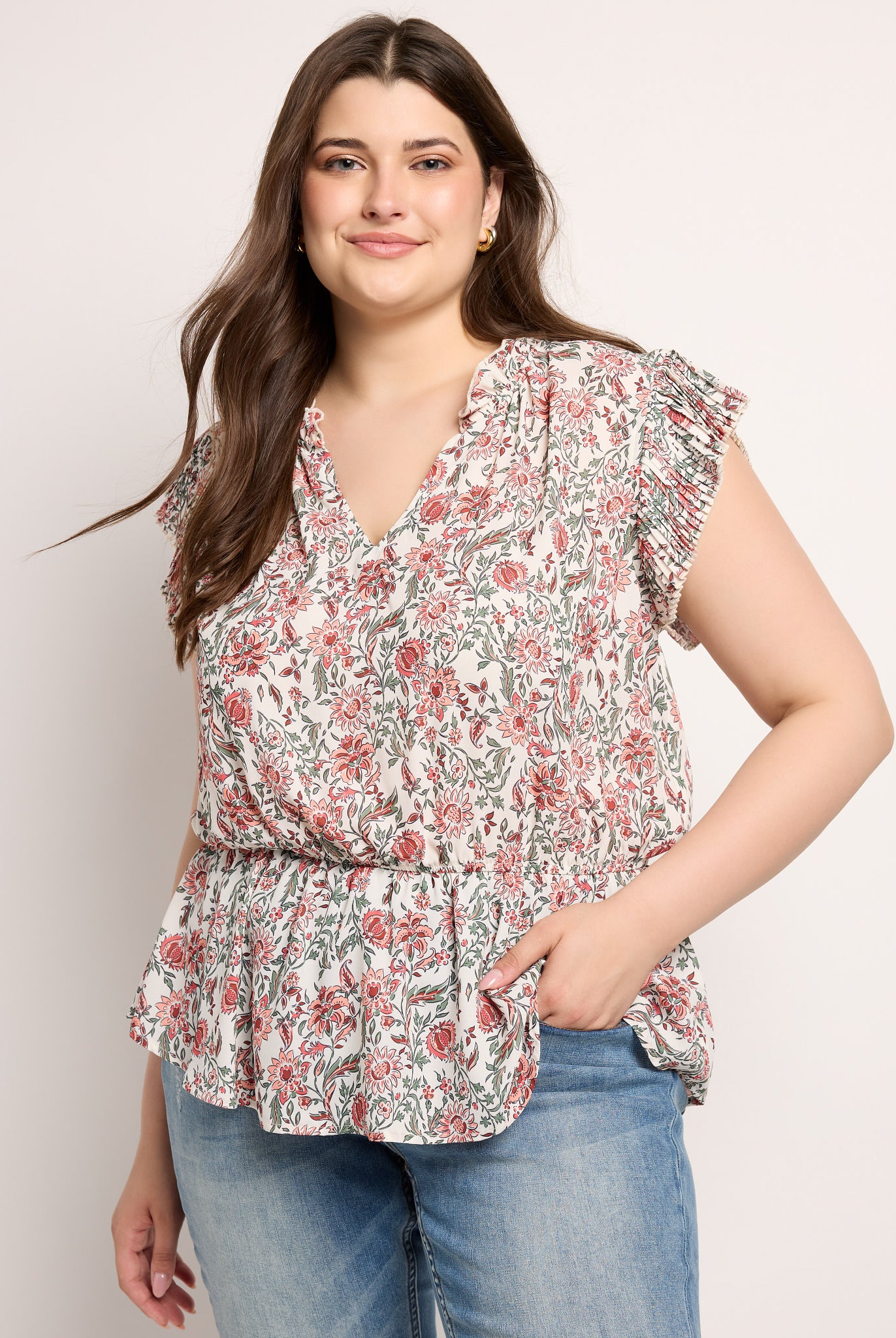 Red-Ivory $|& VOY Los Angeles Floral Pleated Sleeve Elastic Waist Top - SOF Front