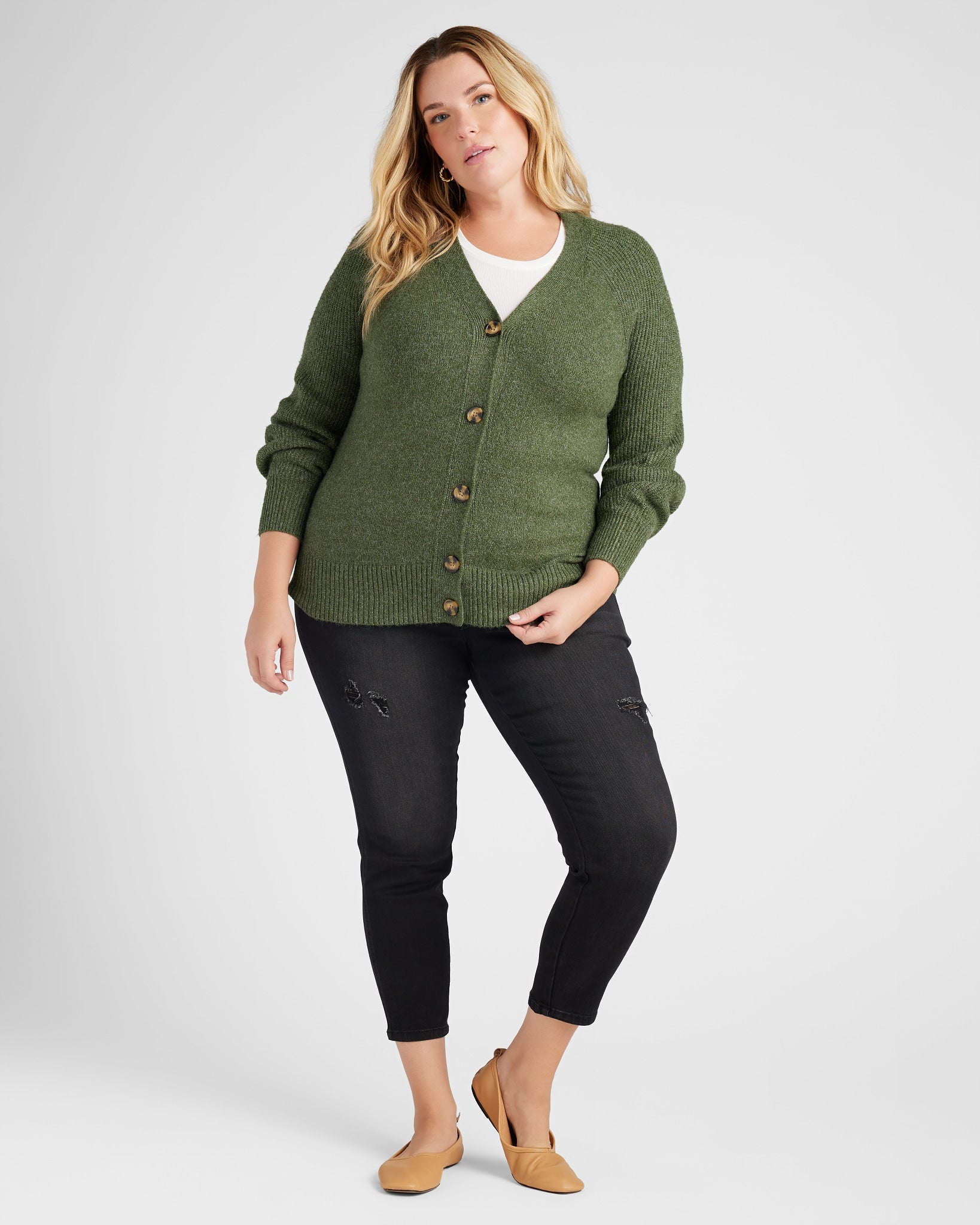Oak Moss $|& 525 Adyson Parker Blouson Sleeve V-Neck Cardigan - SOF Full Front