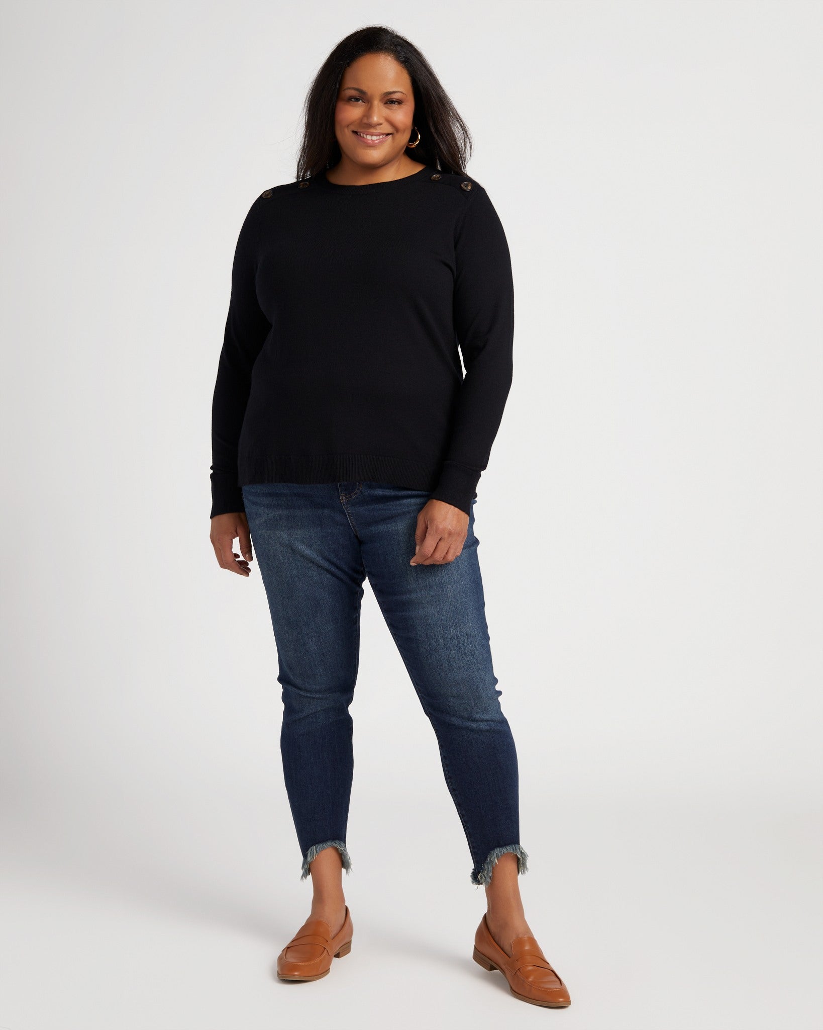 Black $|& Staccato Shoulder Button Detail Sweater - SOF Full Front