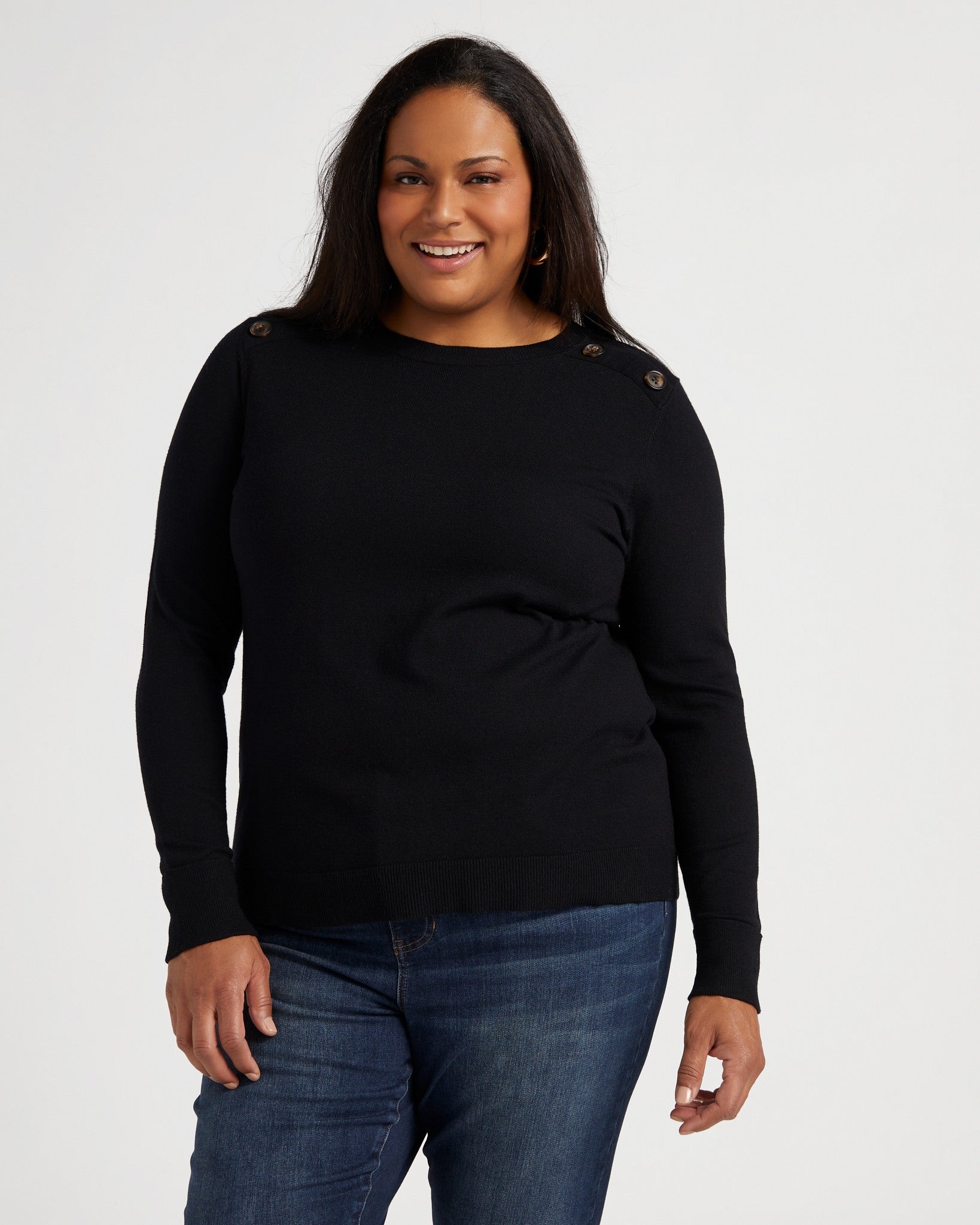 Black $|& Staccato Shoulder Button Detail Sweater - SOF Front