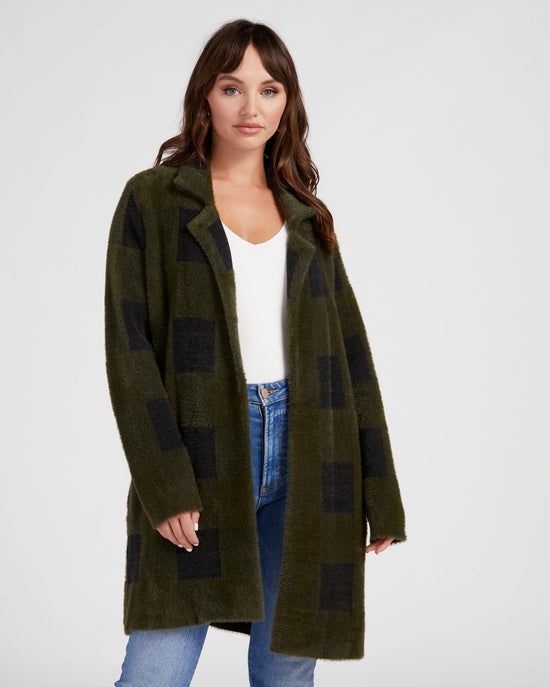 Plush Sweater Coatigan Green/Black Buffalo Check $|& Liverpool Plush Sweater Coatigan Green/Black Buffalo Check - SOF Front