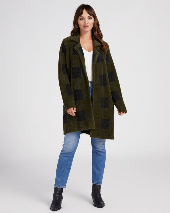 Plush Sweater Coatigan Green/Black Buffalo Check $|& Liverpool Plush Sweater Coatigan Green/Black Buffalo Check - SOF Full Front