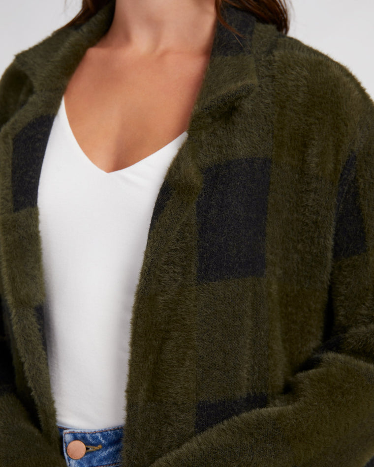 Plush Sweater Coatigan Green/Black Buffalo Check $|& Liverpool Plush Sweater Coatigan Green/Black Buffalo Check - SOF Detail
