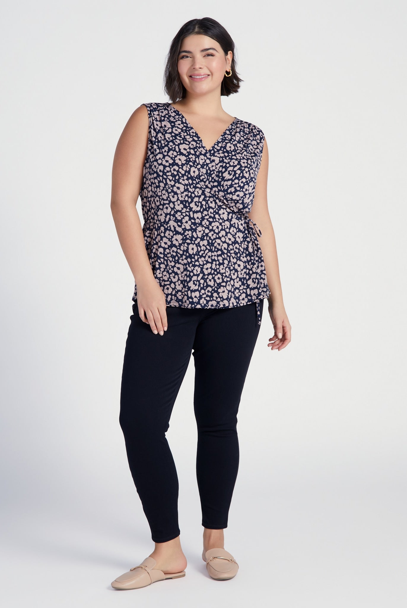 Navy/Cream $|& West Kei Printed Knit Sleeveless Wrap Top - SOF Full Front