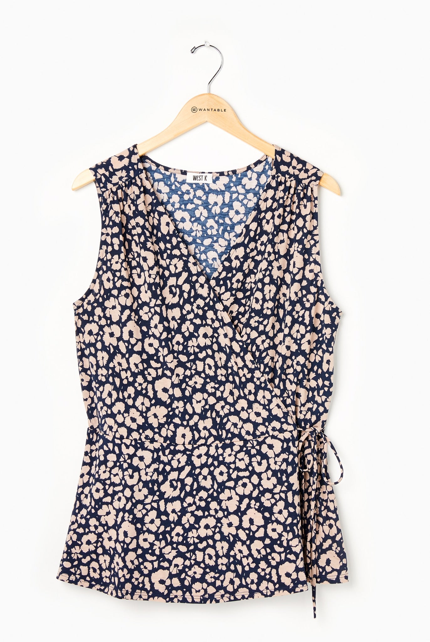 Navy/Cream $|& West Kei Printed Knit Sleeveless Wrap Top - Hanger Front