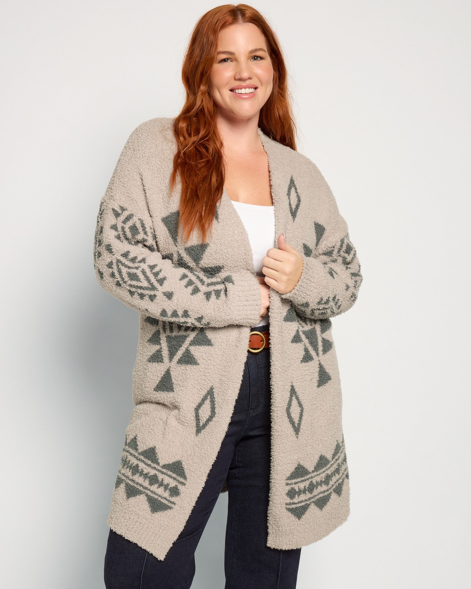 Mocha/Green $|& Dreamers Tribal Pattern Open Cardigan - SOF Front