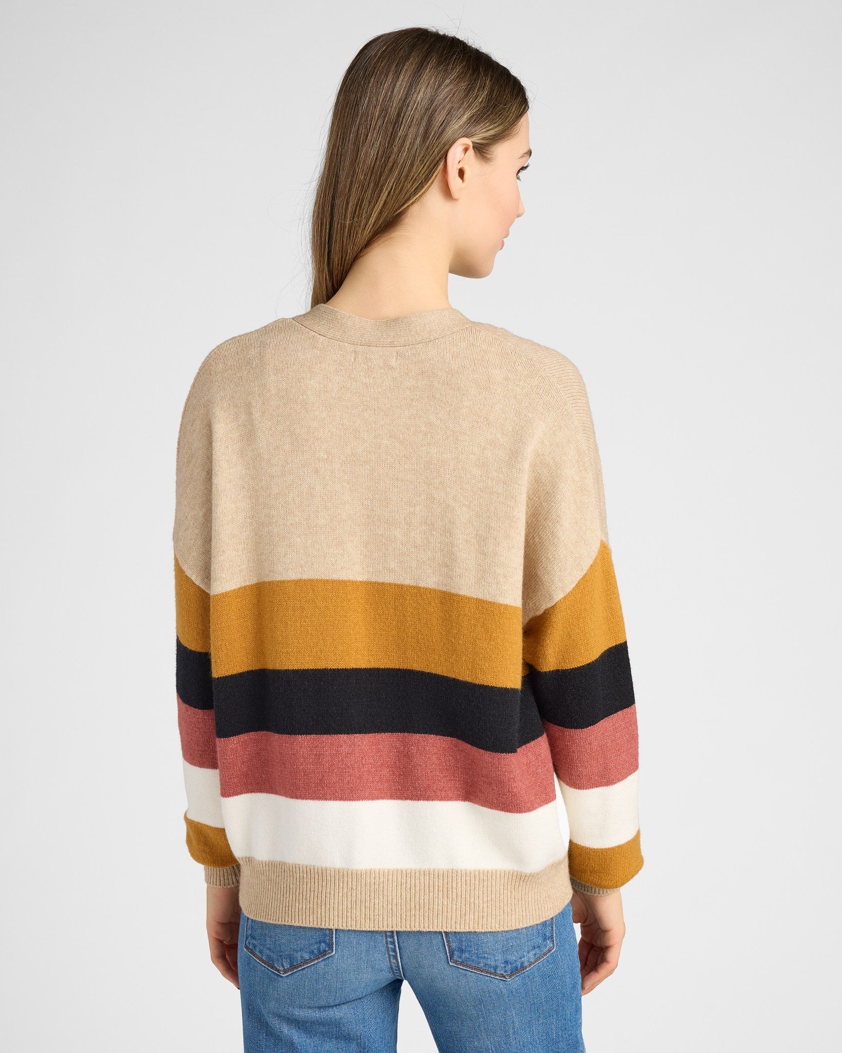 Oatmeal $|& Vigoss Striped Button Front Cardigan - SOF Back