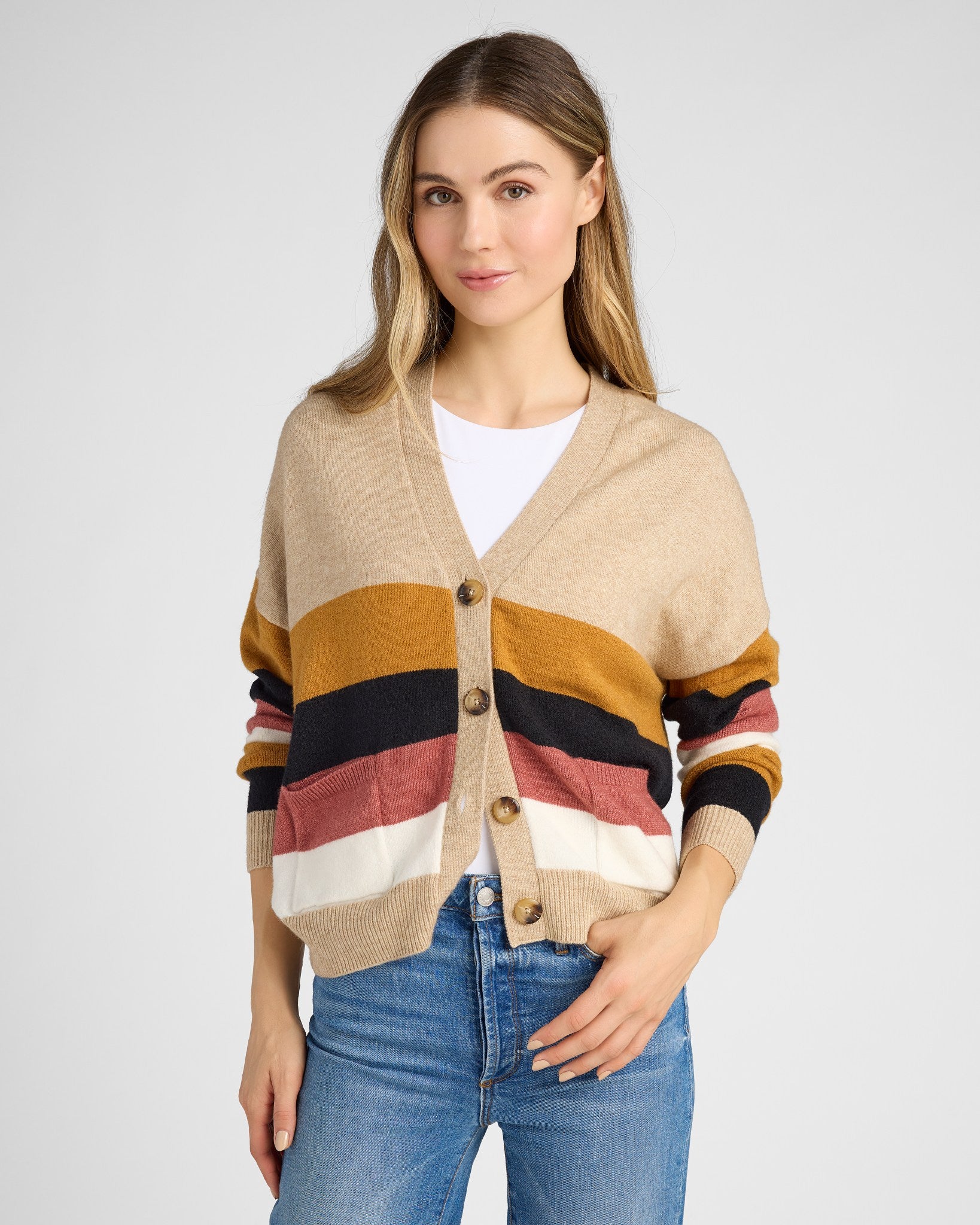 Oatmeal $|& Vigoss Striped Button Front Cardigan - SOF Front