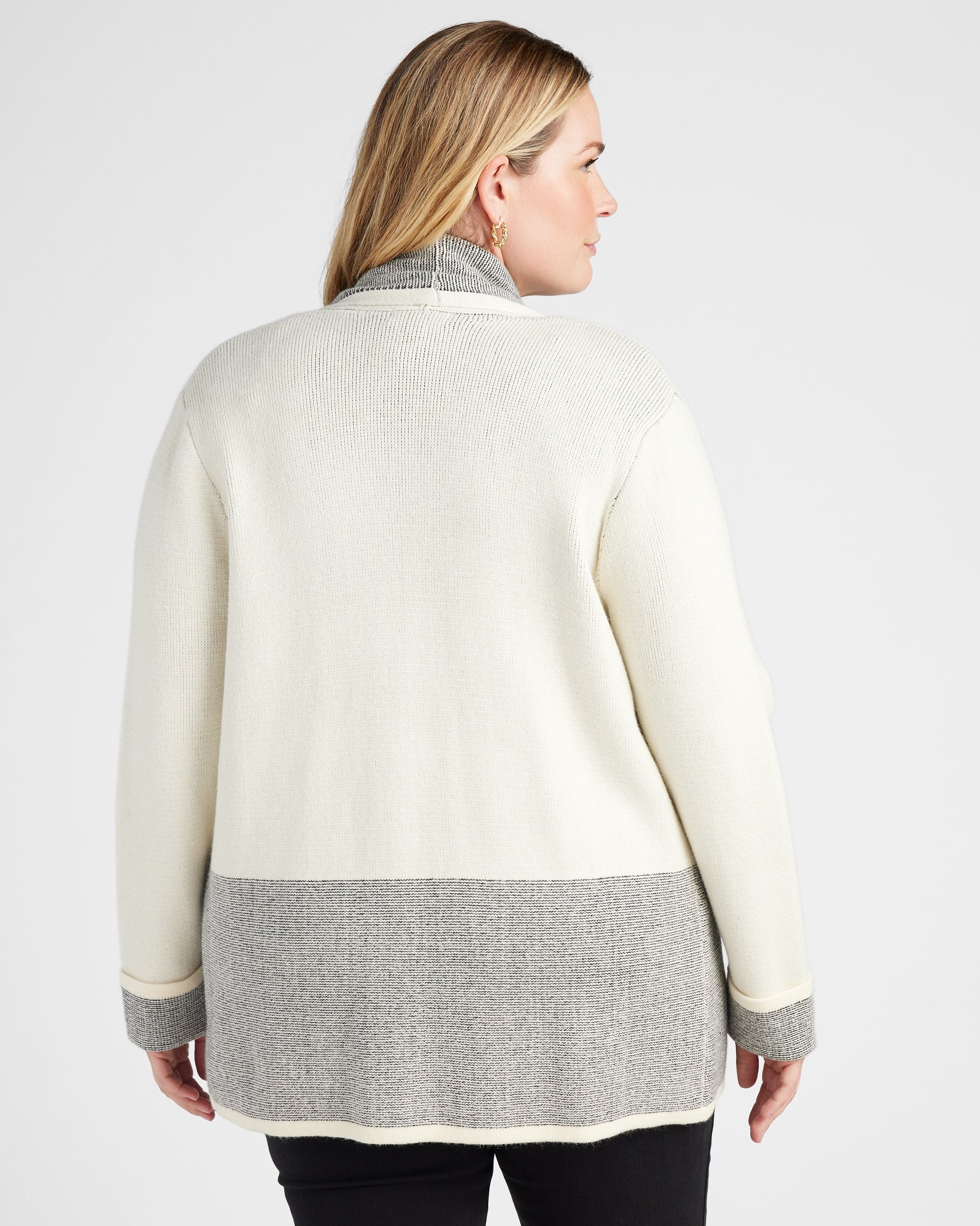 Ivory/Blk $|& Skies Are Blue Colorblock Drape Sweater Cardigan - SOF Back