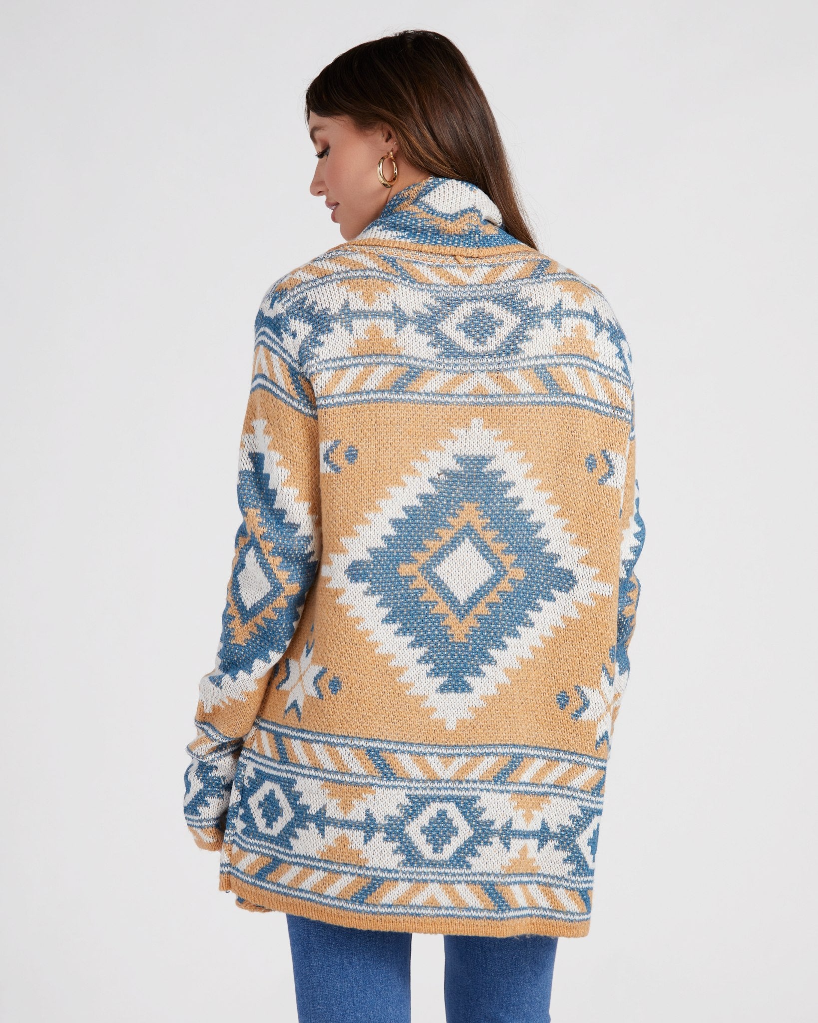 Brown $|& Woven Heart Shawl Collar Aztec Print Cardigan - SOF Back