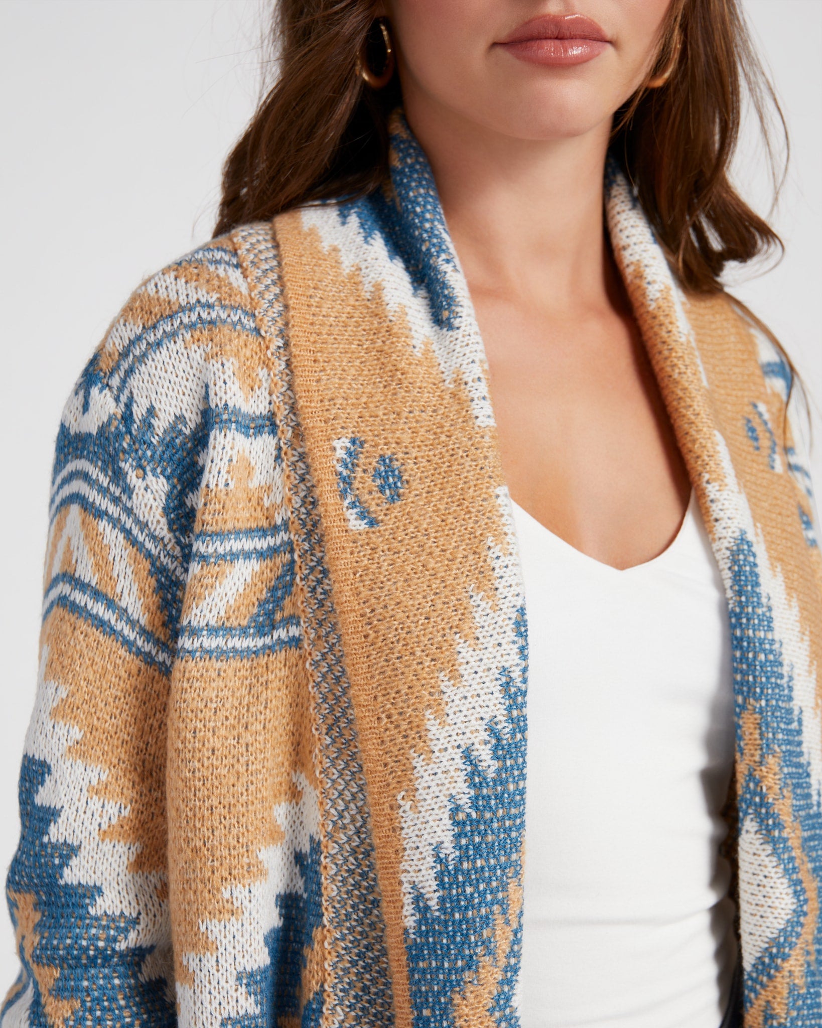 Brown $|& Woven Heart Shawl Collar Aztec Print Cardigan - SOF Detail