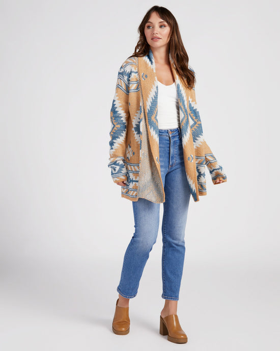 Brown $|& Woven Heart Shawl Collar Aztec Print Cardigan - SOF Full Front