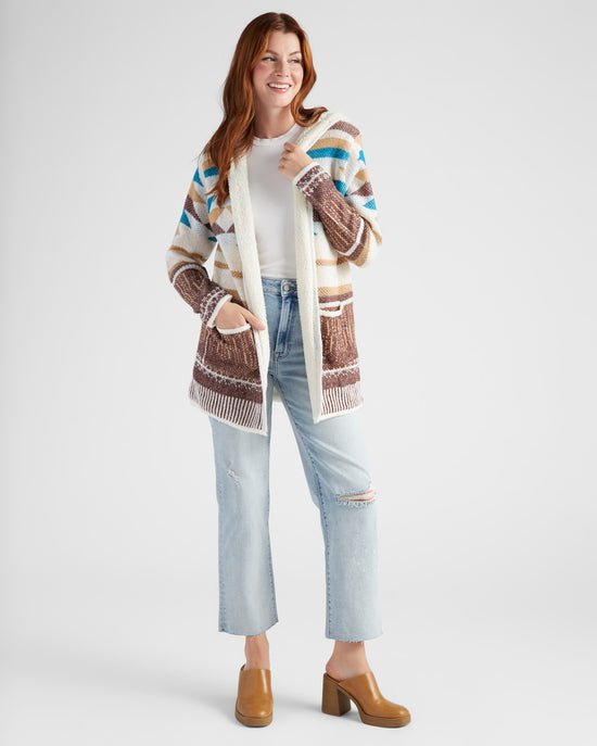 Ivory/Brown $|& Woven Heart Tribal Fleece Lined Hooded Cardigan - SOF Full Front