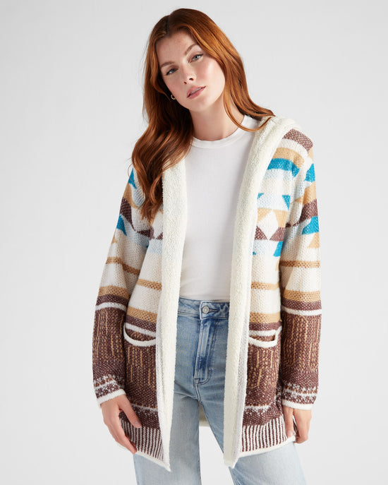 Ivory/Brown $|& Woven Heart Tribal Fleece Lined Hooded Cardigan - SOF Front