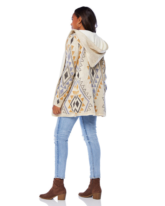 Ivory/Mustard $|& Woven Heart Tribal Fleece Lined Hooded Cardigan - SOF Back