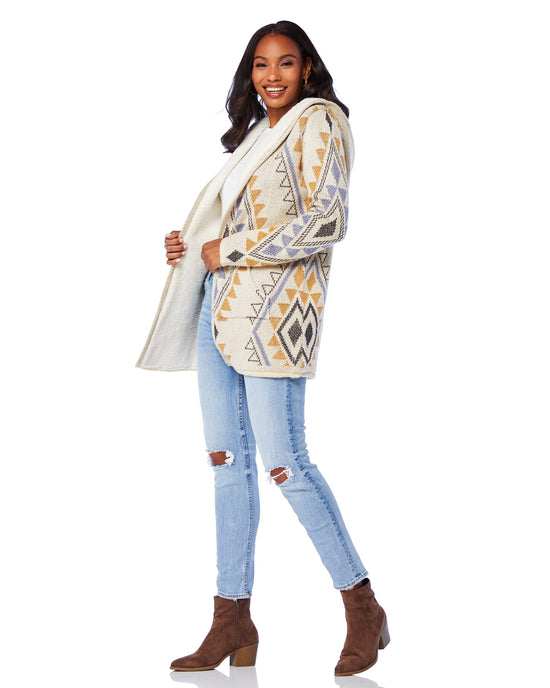 Ivory/Mustard $|& Woven Heart Tribal Fleece Lined Hooded Cardigan - SOF Front