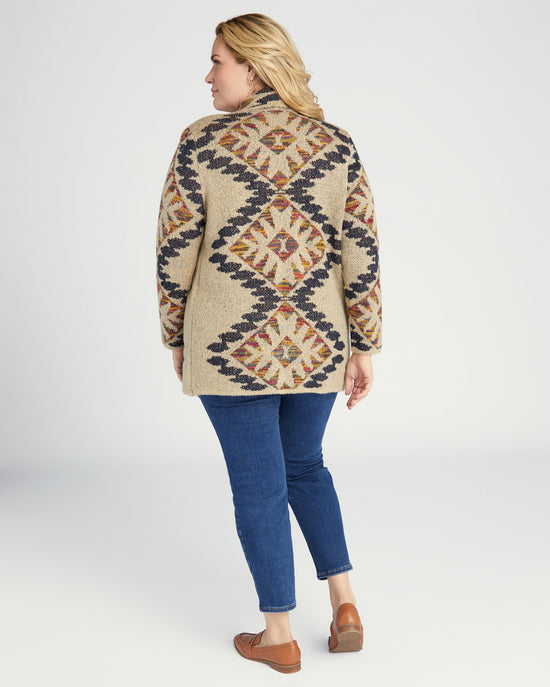Oatmeal $|& Woven Heart Shawl Collar Aztec Print Cardigan - SOF Back