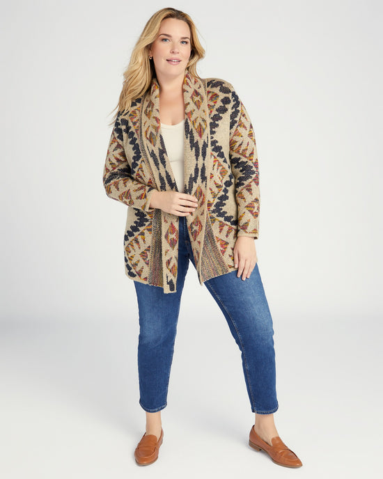 Oatmeal $|& Woven Heart Shawl Collar Aztec Print Cardigan - SOF Front