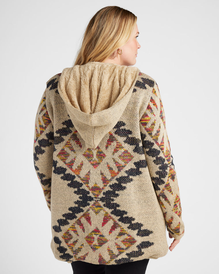 Oatmeal $|& Woven Heart Tribal Fleece Lined Hooded Cardigan - SOF Back
