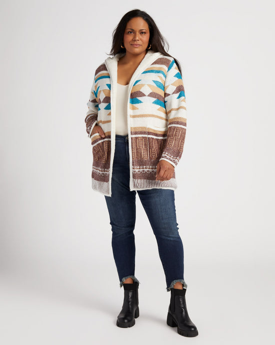Ivory/Brown $|& Woven Heart Tribal Fleece Lined Hooded Cardigan - SOF Full Front