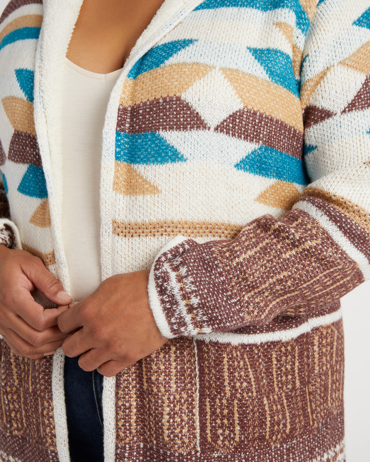 Ivory/Brown $|& Woven Heart Tribal Fleece Lined Hooded Cardigan - SOF Detail