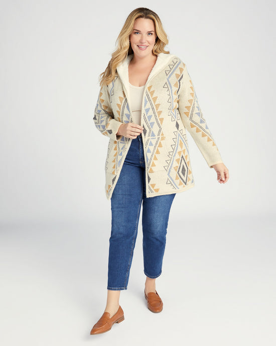 Ivory/Mustard $|& Woven Heart Tribal Fleece Lined Hooded Cardigan - SOF Front