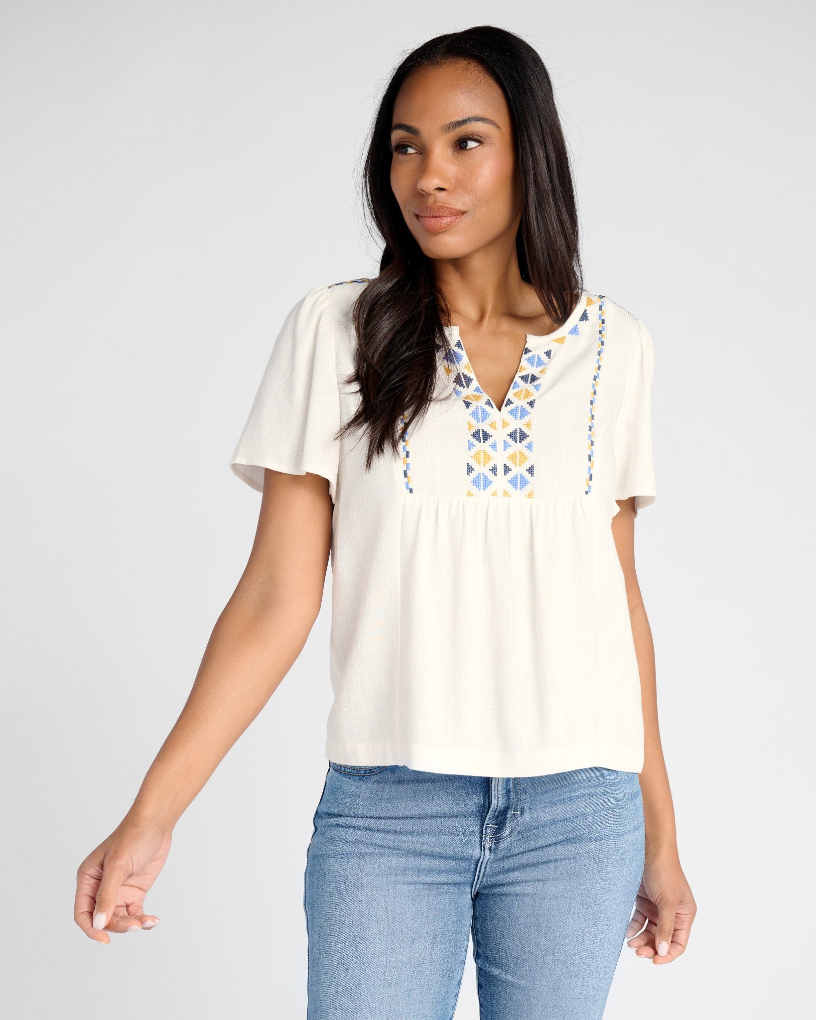 White $|& Skies Are Blue Embroidered Short Sleeve Top - SOF Front